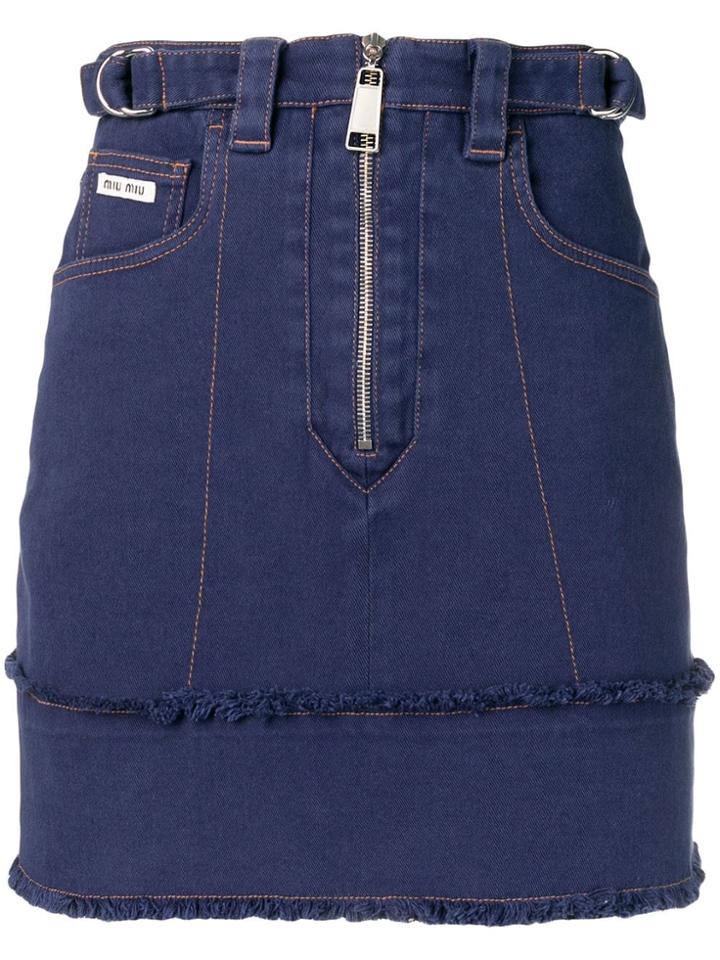 Miu Miu Zip Fringed Denim Skirt - Blue