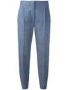 Msgm Pleat Detail Cropped Trousers, Women's, Size: 38, Blue, Cotton/linen/flax