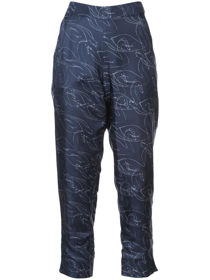 Victoria Victoria Beckham - Scribble Swan Print Cropped Trousers - Women - Silk - 4, Blue, Silk