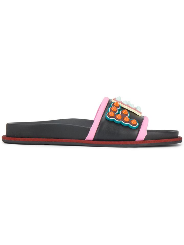 Fendi Black Studded Logo Leather Slides