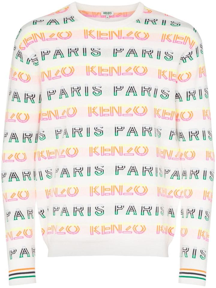 Kenzo Striped Logo Intarsia Cotton-blend Jumper - White