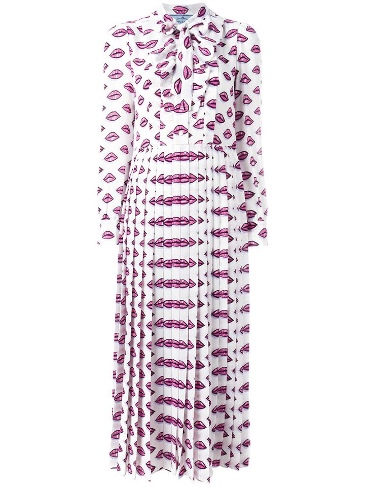 Prada Lips Print Shirt Dress, Women's, Size: 42, White, Polyester