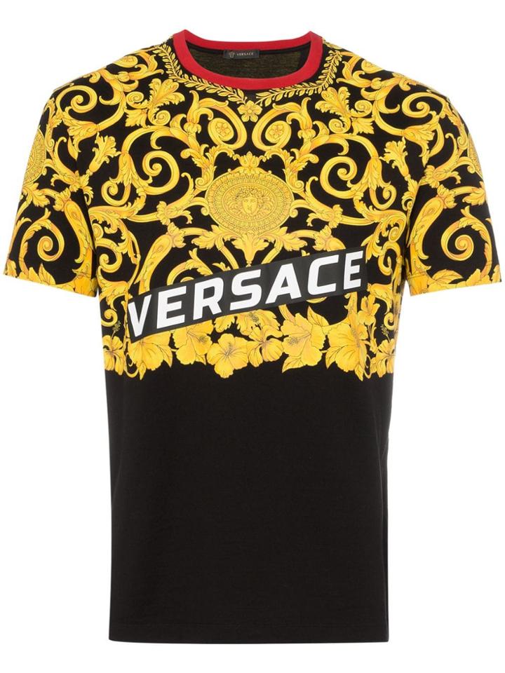 Versace Hibiscus Print Two Toned Cotton T-shirt - Black