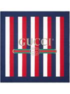 Gucci Blue, White And Red Gucci Logo Sylvie Stripe Silk Scarf -