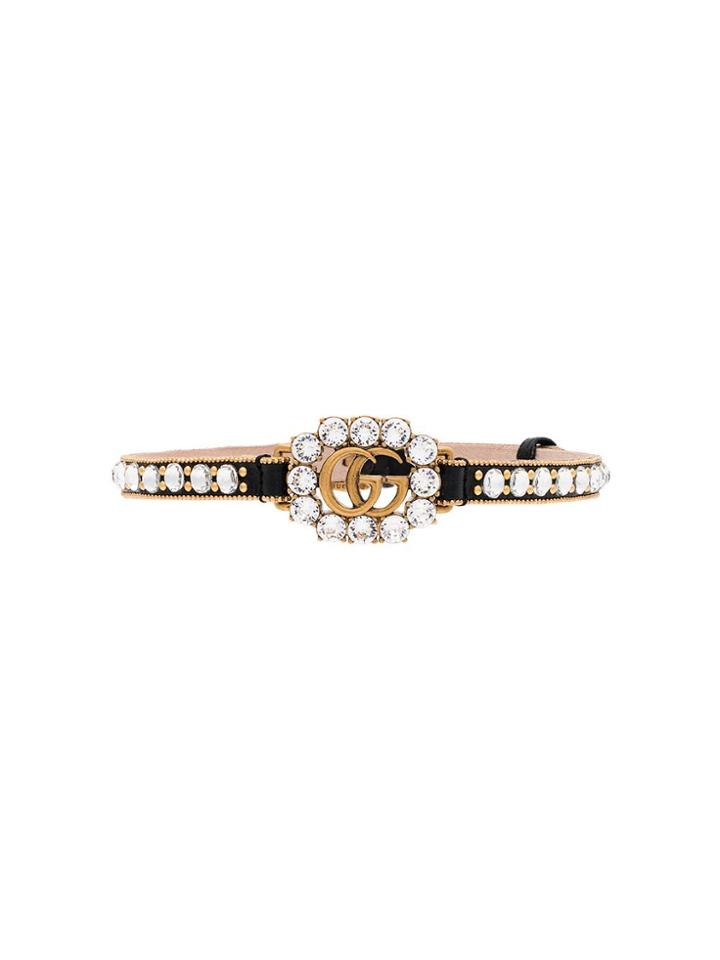 Gucci Multicoloured Crystal And Leather Gg Logo Choker - Black