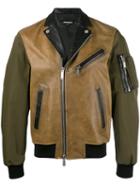 Contrast Tone Biker Jacket - Men - Calf Leather/polyester - 52, Brown, Calf Leather/polyester, Dsquared2