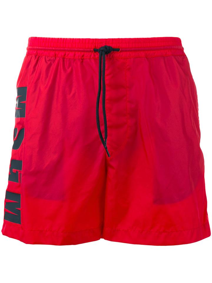Msgm Logo Print Swim Shorts, Men's, Size: 52, Red, Polyamide