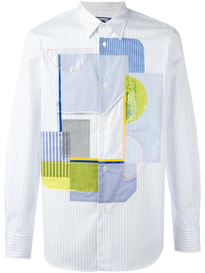 Junya Watanabe Comme Des Garçons Man Patchwork Button Down Shirt, Men's, Size: Large, Blue, Cotton/nylon/artificial Leather/polyurethane Resin