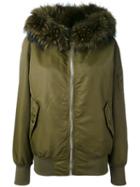 Liska - Fur Collar Bomber Jacket - Women - Rabbit Fur/polyester/racoon Fur - M, Green, Rabbit Fur/polyester/racoon Fur