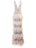 Marchesa Feathered Plunge Gown - Grey