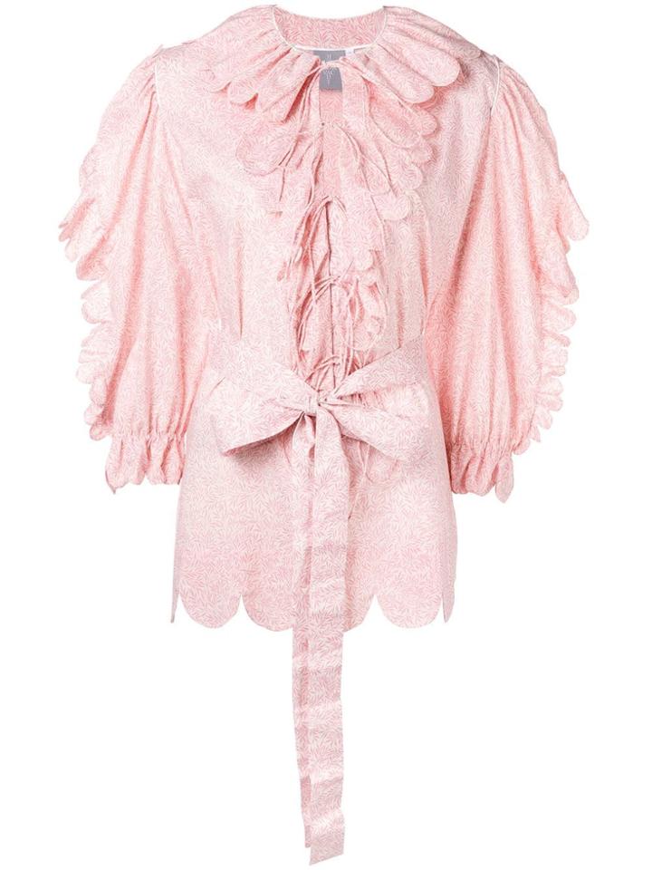 Horror Vacui Floral Print Ruffled Blouse - Pink & Purple