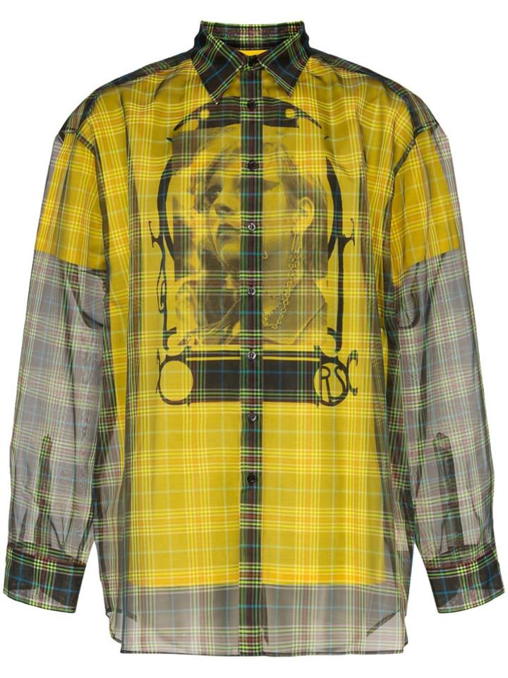 Raf Simons Check Print Double Layer Sheer Cotton Blend Shirt - Green