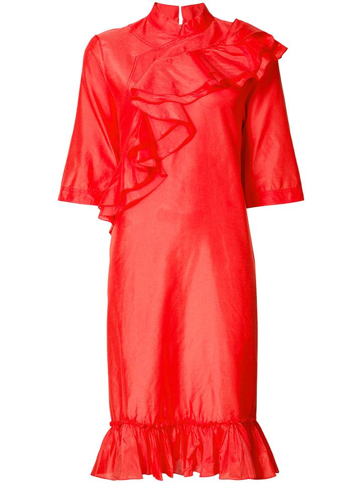 Tome - Mandarin Collar Ruffle Dress - Women - Silk/viscose - 4, Women's, Red, Silk/viscose