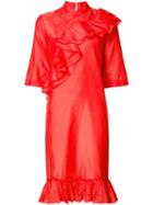 Tome - Mandarin Collar Ruffle Dress - Women - Silk/viscose - 4, Women's, Red, Silk/viscose
