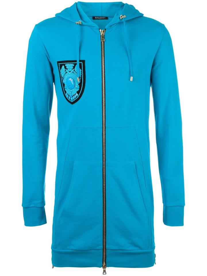 Balmain Long Chest Patch Hoodie - Blue