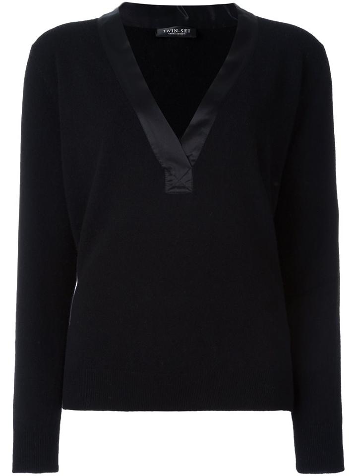 Twin-set V-neck Contrast Pullover, Women's, Size: Medium, Black, Silk/cashmere/wool