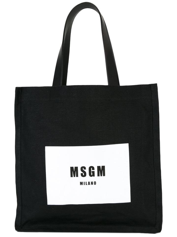 Msgm Logo Print Tote Bag, Women's, Black, Cotton/linen/flax/leather