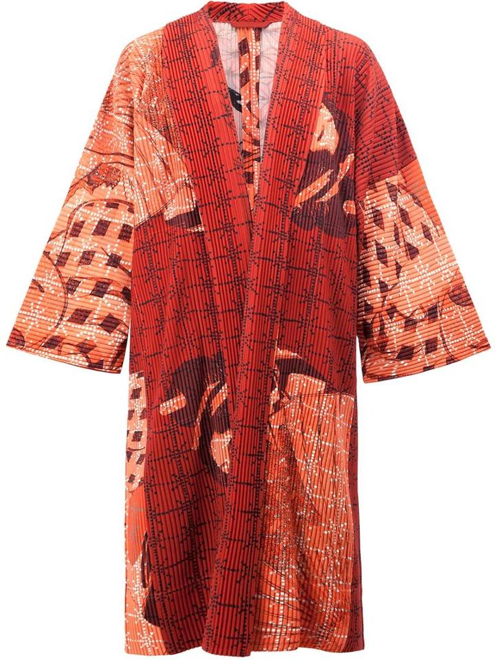 Homme Plissé Issey Miyake - Abstract Print Kimono Coat - Men - Polyester - 1, Red, Polyester