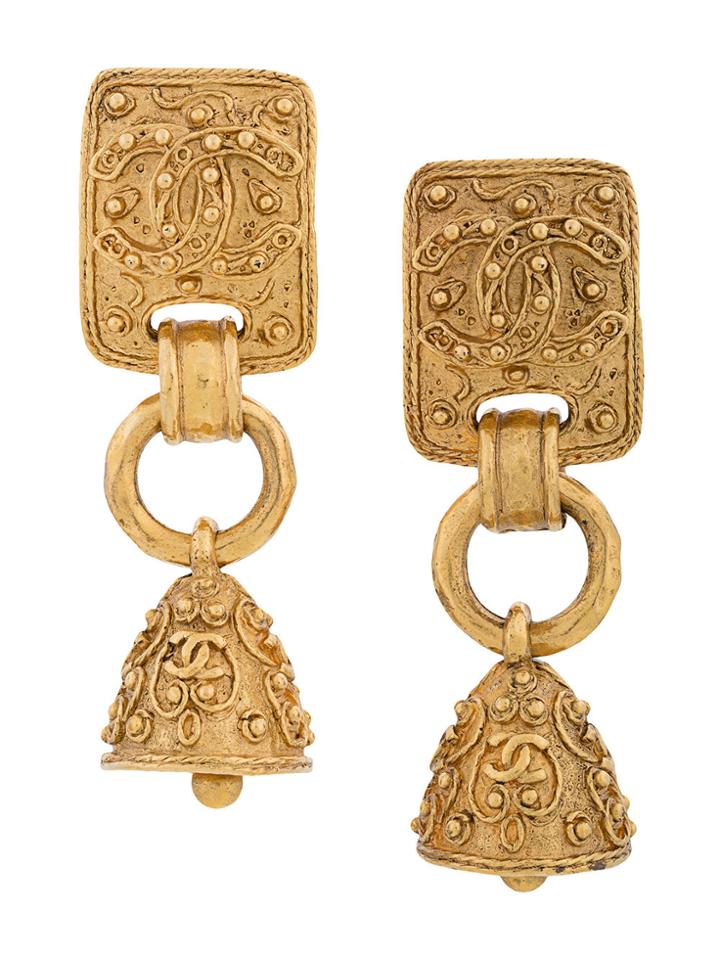 Chanel Vintage Cc Logo Drop Bell Pendant Earrings - Metallic
