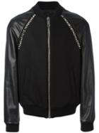Les Hommes Leather Sleeve Bomber Jacket, Men's, Size: 50, Black, Leather/polyester/viscose/cashmere