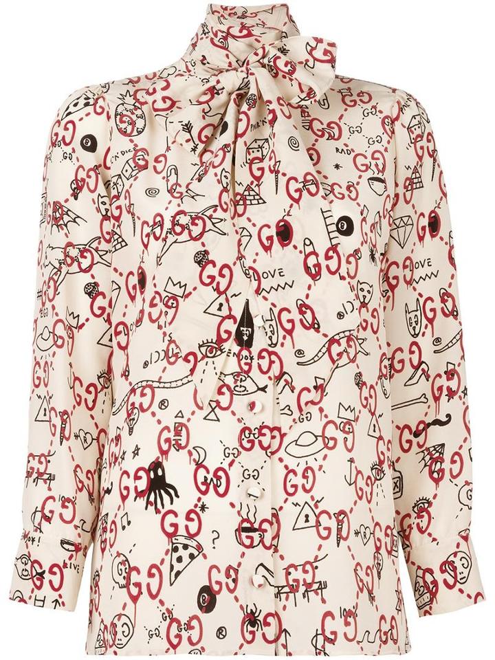 Gucci Printed Pussy-bow Neck Blouse, Women's, Size: 40, Nude/neutrals, Silk