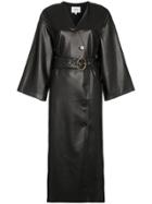 Nanushka Iben Belted Kimono Sleeve Vegan Leather Midi Dress - Black