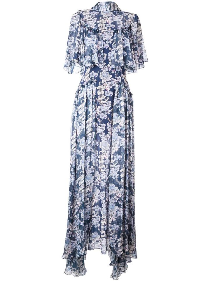 Temperley London Floral Print Neck Tie Gown, Women's, Size: 12, Blue, Silk/spandex/elastane