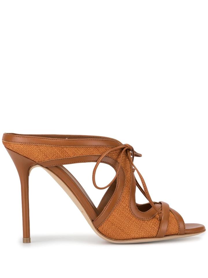 Malone Souliers Tan Soraya 100mm Raffia Lace Up Mules - Brown