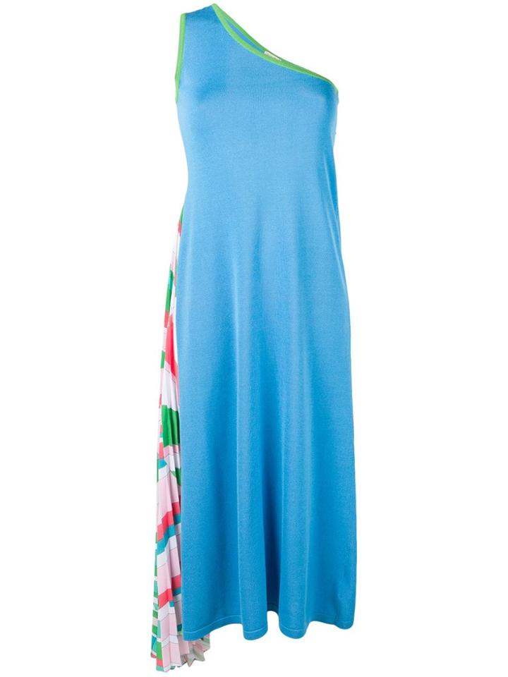 Emilio Pucci Shell Print Pleated Single Shoulder Dress - Blue