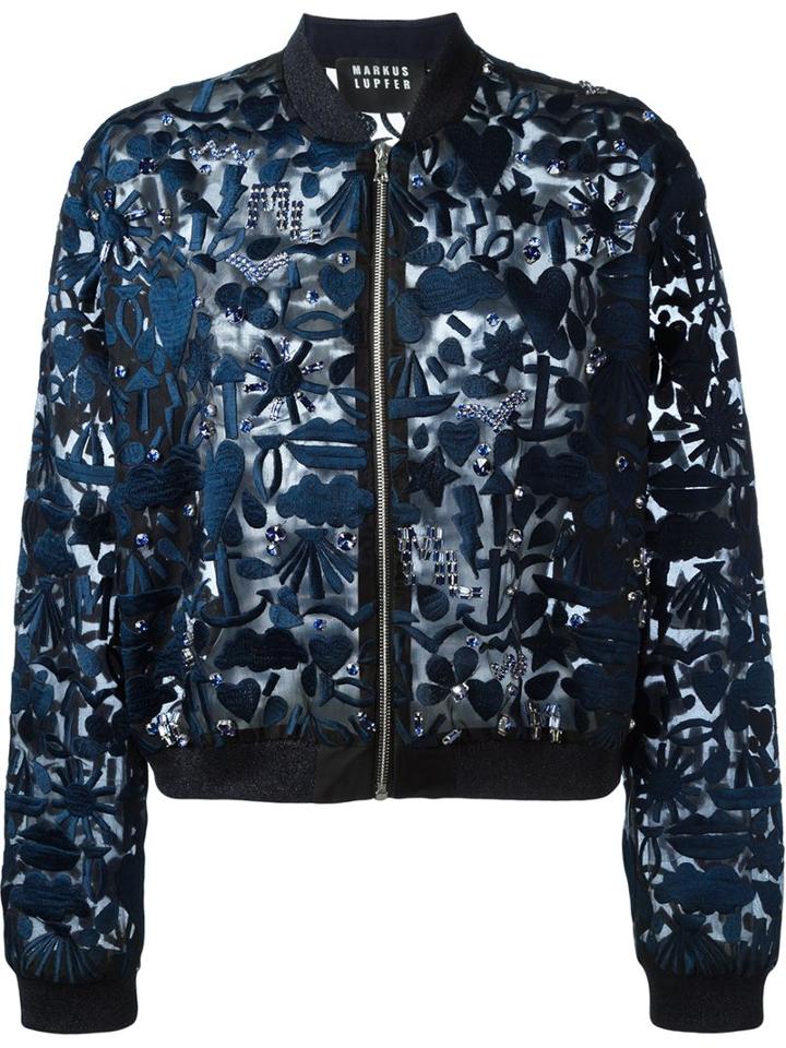 Markus Lupfer Embroidered Bomber Jacket, Women's, Size: S, Blue, Silk Organza/viscose/resin/spandex/elastane