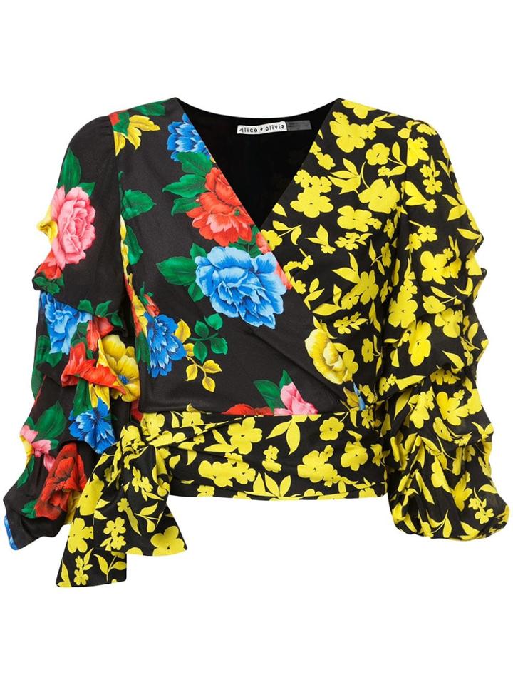Alice+olivia Contrast Floral Print Silk Top - Black