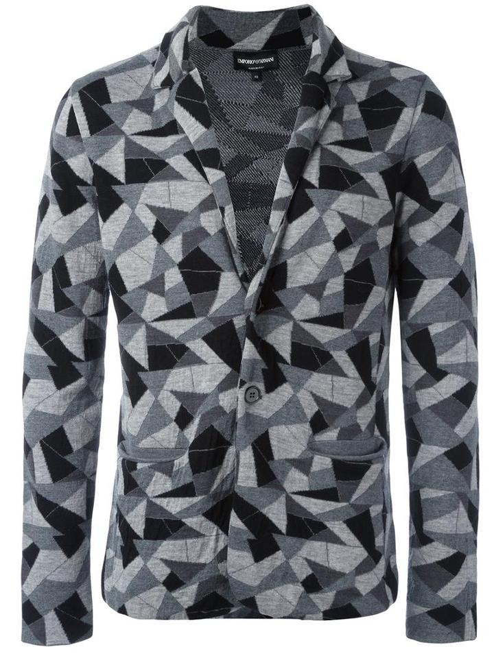 Emporio Armani Geometric Patterned Blazer, Men's, Size: 50, Grey, Virgin Wool