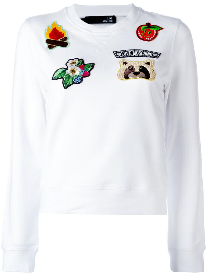 Love Moschino Embroidered Patch Sweatshirt, Women's, Size: 40, White, Cotton/spandex/elastane