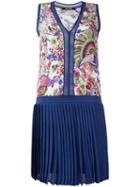 Roberto Cavalli Pleated V-neck Dress, Women's, Size: 40, Blue, Silk/elastodiene/polyamide/viscose