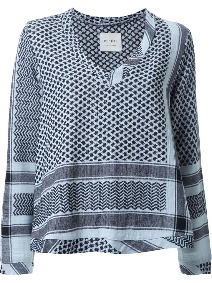 Cecilie Copenhagen Keffiyeh Jacquard V-neck Top, Women's, Blue, Cotton