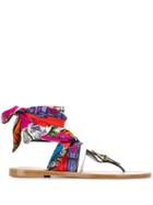 Versace Vintage Print Scarf Ankle Tie Sandals - Black