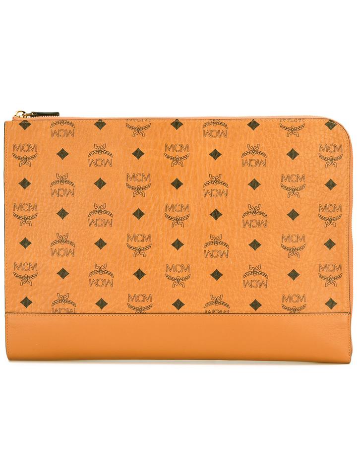 Mcm Logo Print Clutch, Women's, Brown, Calf Leather