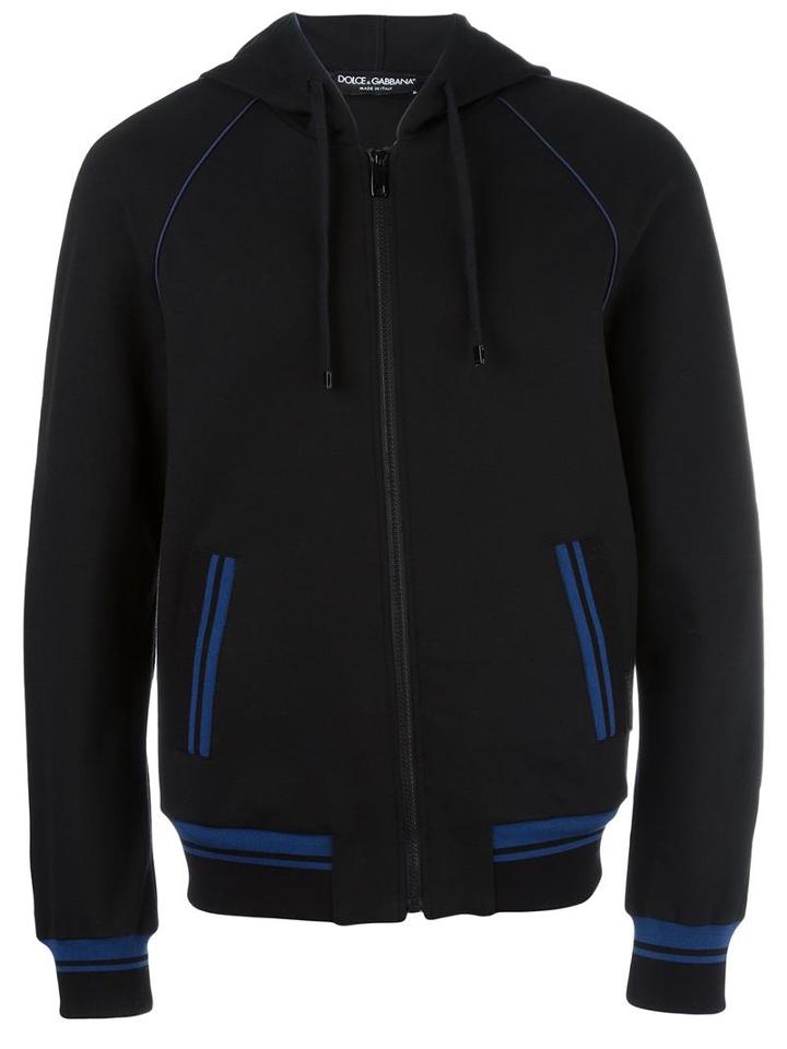 Dolce & Gabbana Striped Trim Hoodie, Men's, Size: 46, Black, Cotton/polyamide/spandex/elastane/calf Leather