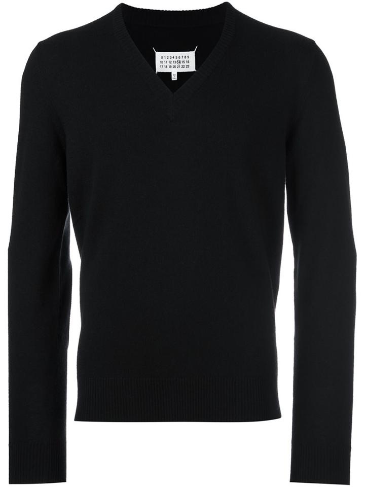 Maison Margiela V-neck Jumper, Men's, Size: Small, Black, Calf Leather/wool