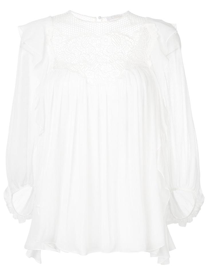 Chloé - Lace Ruffle Yoke Blouse - Women - Silk/cotton/polyester - 40, White, Silk/cotton/polyester
