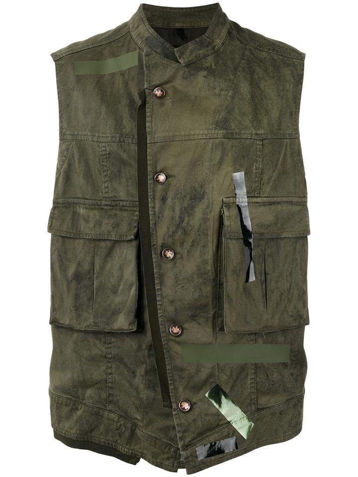 Tom Rebl Dislocated Fastening Gilet, Men's, Size: 48, Green, Cotton/spandex/elastane