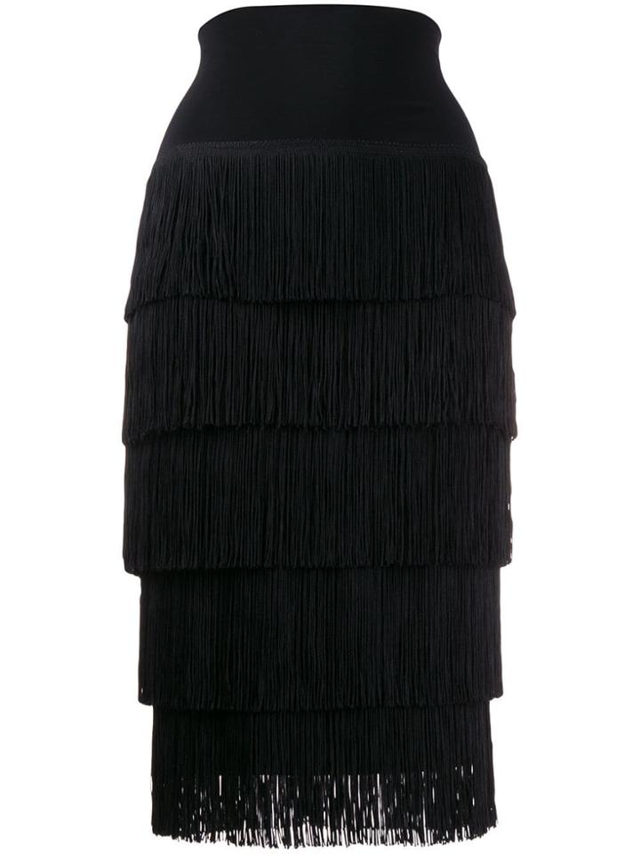 Norma Kamali Fringed Tiered Midi Skirt - Black