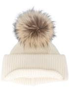 Inverni Neutral Ribbed Cashmere Hat With Visor And Fur Pom Pom - Nude