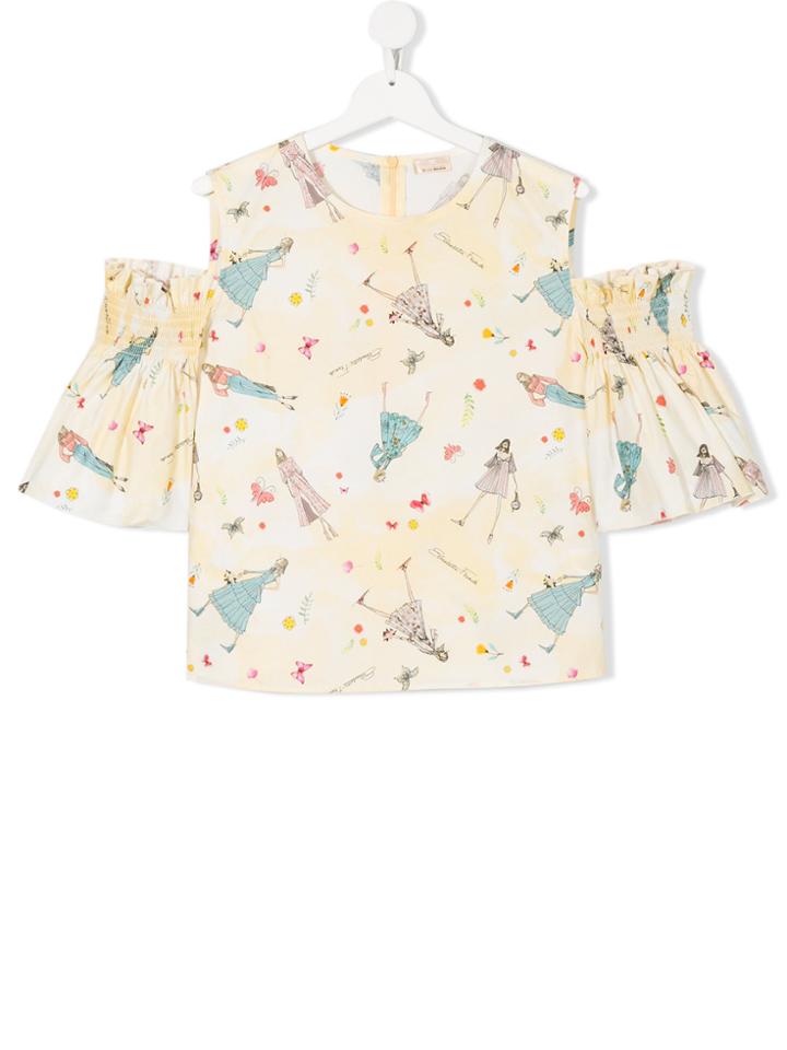 Elisabetta Franchi La Mia Bambina Printed Cold Shoulder Top - Yellow &