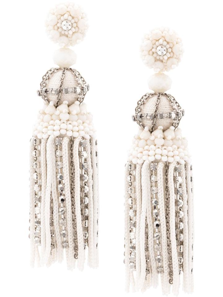 Oscar De La Renta Beaded Tassel Earrings - White