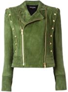 Balmain Buttoned Detail Biker Jacket, Women's, Size: 40, Green, Cotton/viscose/lamb Nubuck Leather