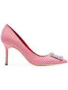 Manolo Blahnik White And Red Hangisi 90 Gingham Cotton Pumps
