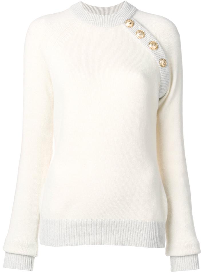 Balmain Raglan Sleeve Gold Button Jumper - White