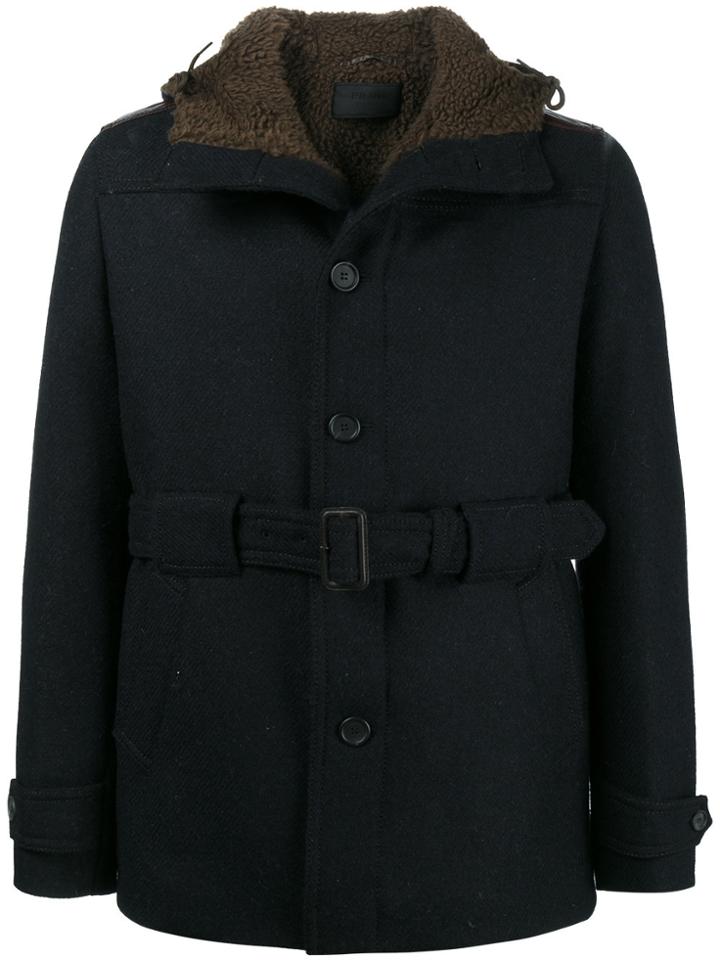 Prada Shearling Lined Belted Jacket - Blue
