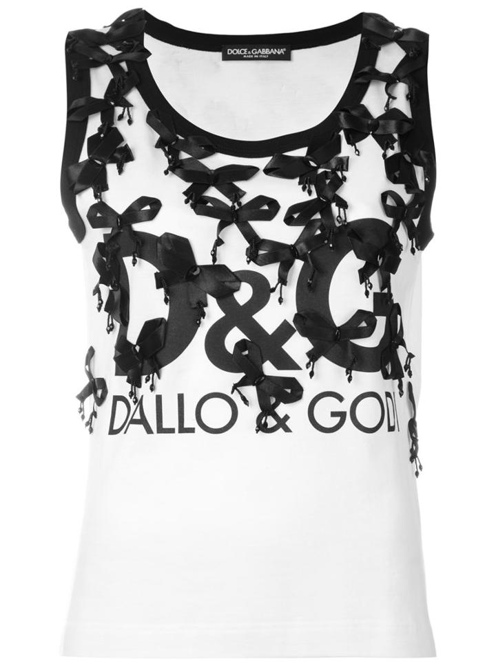 Dolce & Gabbana Bow Embellished Tank Top, Women's, Size: 40, White, Cotton/glass/plastic/polymethyl Methacrylate